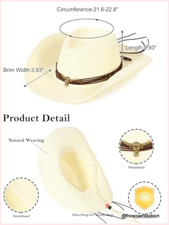 Straw Cowboy Sun Hat with Windproof Chin Strap